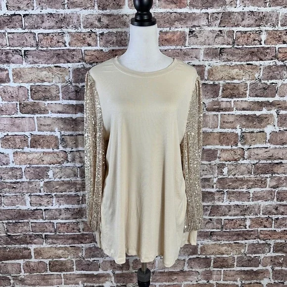 Torrid 2X NWT Champagne Ribbed Crew Neck Sequin Sleeve Long Sleeve Top 41055056 - Picture 1 of 15